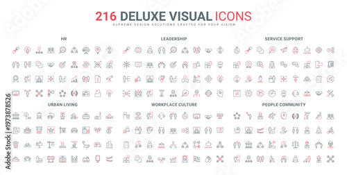 Global community, call center, public person and leadership, HR recruiting line icon set. Comfort urban and workplace culture, road and buildings thin black and red outline symbols vector illustration