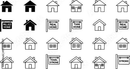 Web home icon set for websites and apps. Simple house symbol. Flat real estate sign. Main page pictogram in filled, thin line, outline and stroke style. Isolated illustration. See Less
