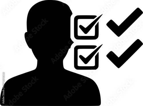 Approved candidate icon with check marks and person silhouette. Symbol of employee verification, recruitment selection, HR approval process, qualification assessment and hiring confirmation. See Less
