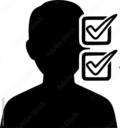 Approved candidate icon with check marks and person silhouette. Symbol of employee verification, recruitment selection, HR approval process, qualification assessment and hiring confirmation. See Less
