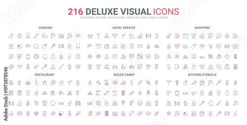 Kitchen utensils, electrical appliances and chefs cooking tools, restaurant food line icon set. Hotel hospitality, candy and sugar of pastry shop thin black and red outline symbols vector illustration