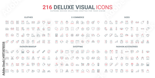 Fashion accessory and makeup, ecommerce and order in shop mobile app line icon set. Female and male, kids clothes and tailors size measurement thin black and red outline symbols vector illustration