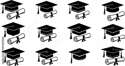 Graduation hat with diploma icon set. Student hat with academic degree certificate vector illustration. College, school and university graduation ceremony concept 