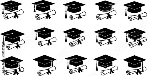 Graduation hat with diploma icon set. Student hat with academic degree certificate vector illustration. College, school and university graduation ceremony concept 