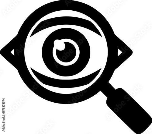 Eye search icon. View and visibility symbol with magnifying glass. Watching, scanning and visual inspection concept for user interface and navigation systems. UI element for search and content viewing