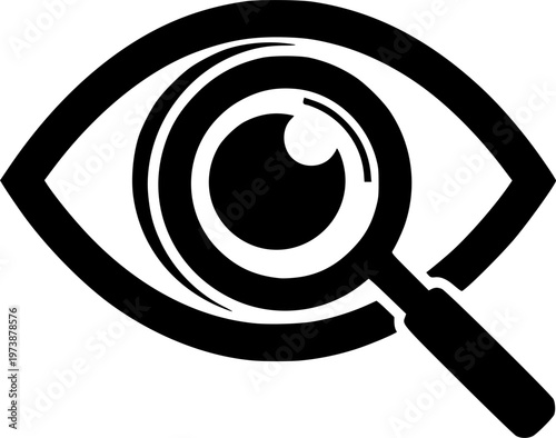Eye search icon. View and visibility symbol with magnifying glass. Watching, scanning and visual inspection concept for user interface and navigation systems. UI element for search and content viewing