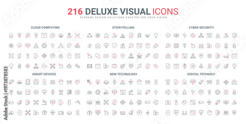 Digital network technology, storytelling, security line icons set. Cyber protection from phishing and virus, devices for online games and smart home thin black and red symbols vector illustration