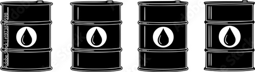 Set of 4 Black Oil Barrel Icons Vector Illustration with Petroleum Drop Symbol for Energy Industry and Fuel Storage
