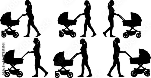 Mother pushing baby stroller silhouette set showing walking women in different poses, parenting lifestyle, childcare routine, family activity, black vector illustration isolated on white background