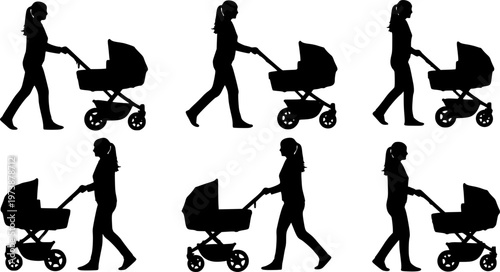 Mother pushing baby stroller silhouette set showing walking women in different poses, parenting lifestyle, childcare routine, family activity, black vector illustration isolated on white background