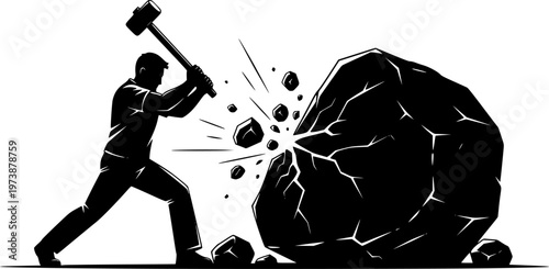 Motivational perseverance concept vector illustration, man breaking stone with hammer, success through hard work, determination, persistence, and effort in achieving goals, silhouette design 