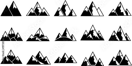Set of stylized mountain and snowy peak vector icons, black and white minimal style collection of outdoor adventure and travel symbols, geometric nature shapes