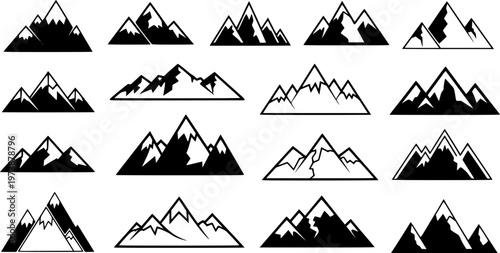 Set of stylized mountain and snowy peak vector icons, black and white minimal style collection of outdoor adventure and travel symbols, geometric nature shapes