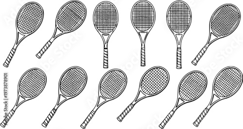 Set of tennis racket vector illustrations in black outline style, isolated sports equipment collection, hand drawn design elements for logo, print, and branding 