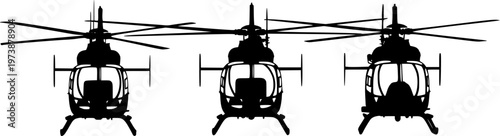 Set of Three Helicopter Silhouettes Showing the Front View with Rotor Blades, Representing Air Transport, Aviation, Rescue Services, Search and Rescue, and Modern Flight