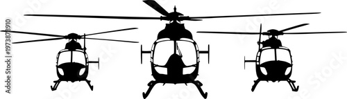 Set of Three Helicopter Silhouettes Showing the Front View with Rotor Blades, Representing Air Transport, Aviation, Rescue Services, Search and Rescue, and Modern Flight