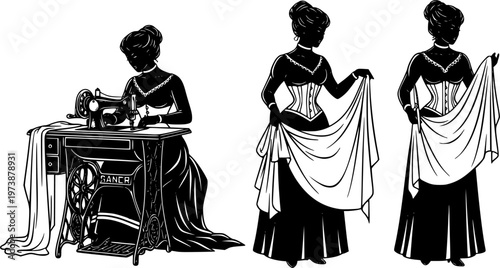 Set of Victorian Women Silhouettes Sewing on Vintage Machine and Holding Fabric Isolated on White Background for Tailor Dressmaker Retro Design Vector Illustration