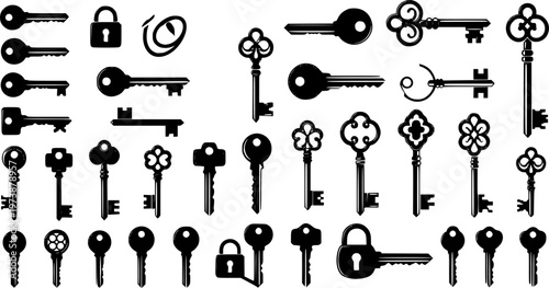 Set of vintage and modern key vector icons collection, black silhouette illustration, security, antique design, lock, access, locksmith, decoration
