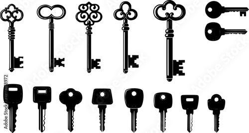 Set of vintage and modern key vector icons collection, black silhouette illustration, security, antique design, lock, access, locksmith, decoration
