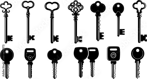 Set of vintage and modern key vector icons collection, black silhouette illustration, security, antique design, lock, access, locksmith, decoration

