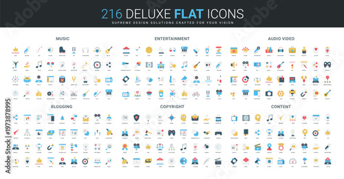 Comprehensive flat icon collection covering music, entertainment, audio, video, blogging, copyright, and content themes with modern colorful symbols isolated vector illustration