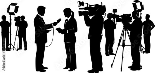 Silhouette vector illustration of news reporters and cameramen working together, broadcasting live television interview, media journalism concept, communication and press coverage scene 