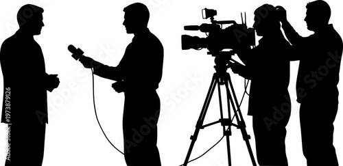 Silhouette vector illustration of news reporters and cameramen working together, broadcasting live television interview, media journalism concept, communication and press coverage scene 