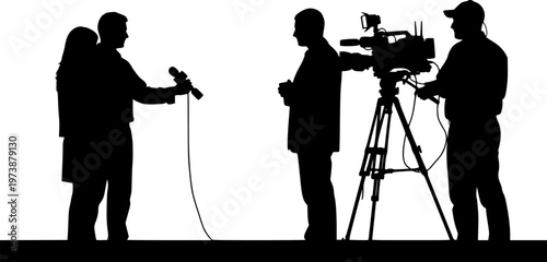Silhouette vector illustration of news reporters and cameramen working together, broadcasting live television interview, media journalism concept, communication and press coverage scene 