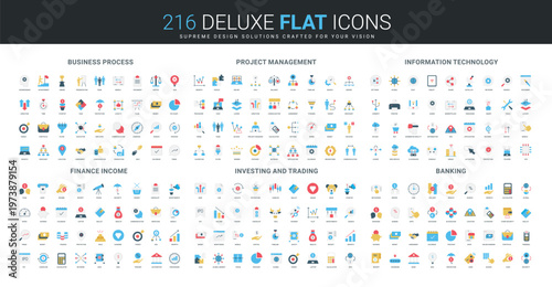 Comprehensive flat icon collection covering business process, project management, information technology, finance income, investing, and banking concepts isolated vector illustration