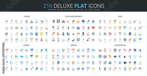 Comprehensive flat icon collection featuring cargo logistics, car maintenance, bike equipment, hobby activities, urban elements, and car service tools isolated vector illustration