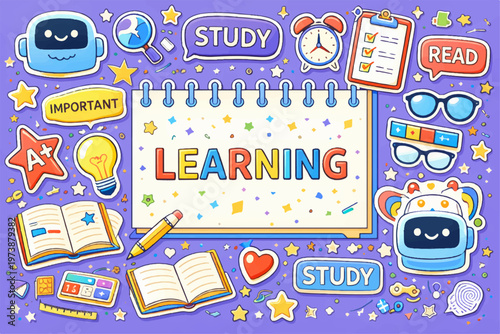 Educational Learning Doodle Stickers on Purple Background, Knowledge Study Vector Collection, School Supplies and Study Icons for Back to School Projects
