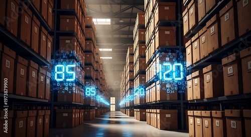 Digital warehouse inventory management with glowing numbers and stacked boxes