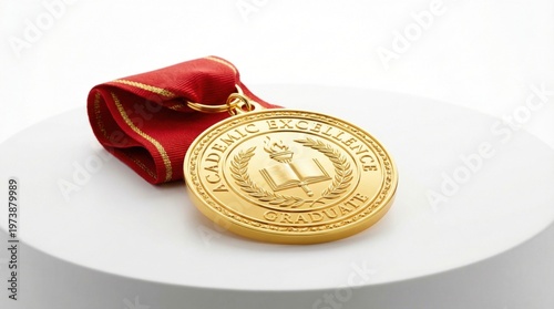 Golden academic excellence graduate medal with red ribbon symbolizes achievement and recognition for students and scholars