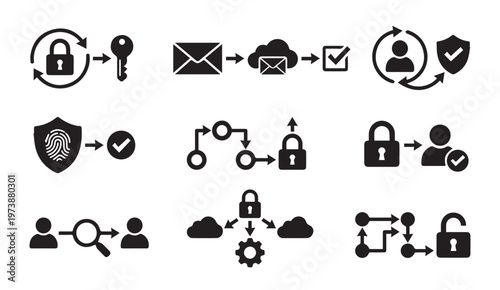 Security and workflow process icons fingerprint key lock email cloud shield