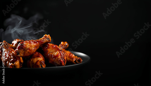 A plate of delicious barbecue chicken wings on a dark background