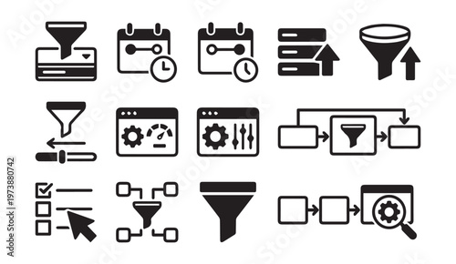 Set of icons representing data processing filtering analysis workflows