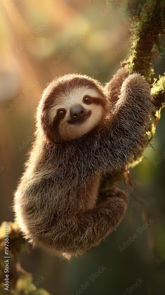 Fototapeta premium Adorable Baby Sloth Hanging On A Mossy Tree Branch In Golden Morning Sunlight