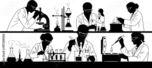 Silhouette vector illustration of scientists working in laboratory, researchers conducting experiments, analyzing samples, and using microscope for scientific research and innovation See Less

