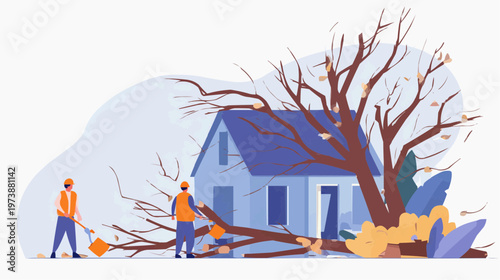 Flat vector illustration of workers cleaning up fallen tree branches after a storm, suitable for disaster relief, home insurance, or community service promotions.