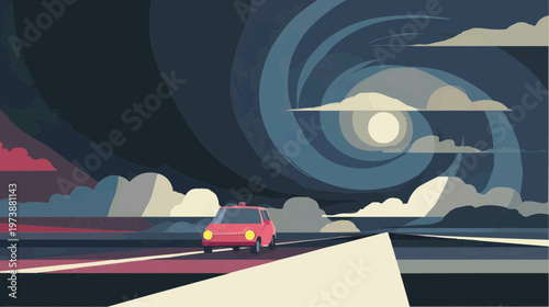 Flat vector illustration of a car driving away from a swirling storm, suitable for emergency preparedness, travel safety, or dramatic storytelling.