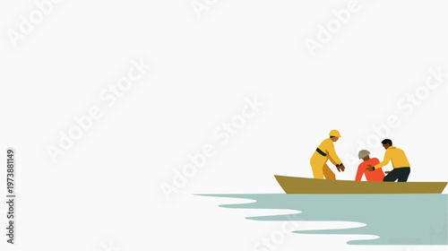 Flat vector illustration of rescuers helping a person into a boat, suitable for emergency services, safety campaigns, or humanitarian aid.