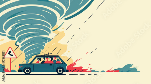 Flat vector illustration of a car evacuating from a tornado, suitable for emergency preparedness guides, news articles, or safety campaigns.