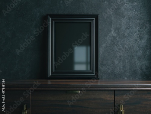 Black picture frame on wooden chest
