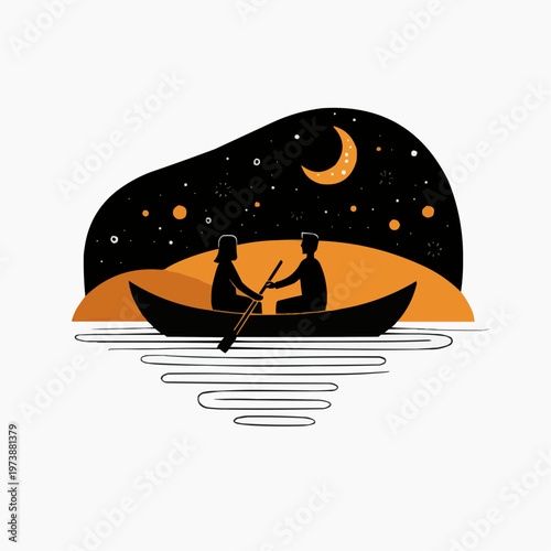 Flat vector illustration of a romantic couple on a boat ride under a starry night, perfect for greeting cards, dating apps, or romantic event promotions.