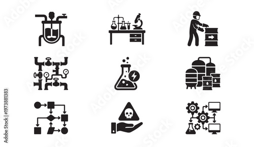 Industrial chemistry and science icons set with industry chemical technology