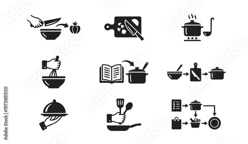 Cooking and food preparation icons including chopping whisking boiling serving