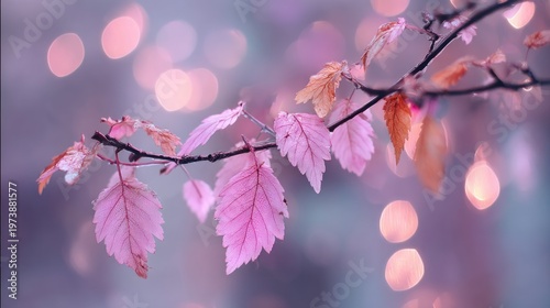 Close up of pink leaves on a branch with bokeh background