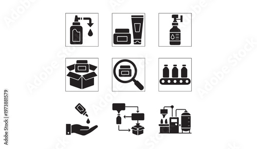 Cosmetic product and manufacturing process icons including bottling packaging