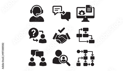 Customer service communication business process icons including headset chat