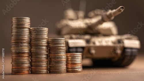 Stacked coins and military tank conceptual finance
